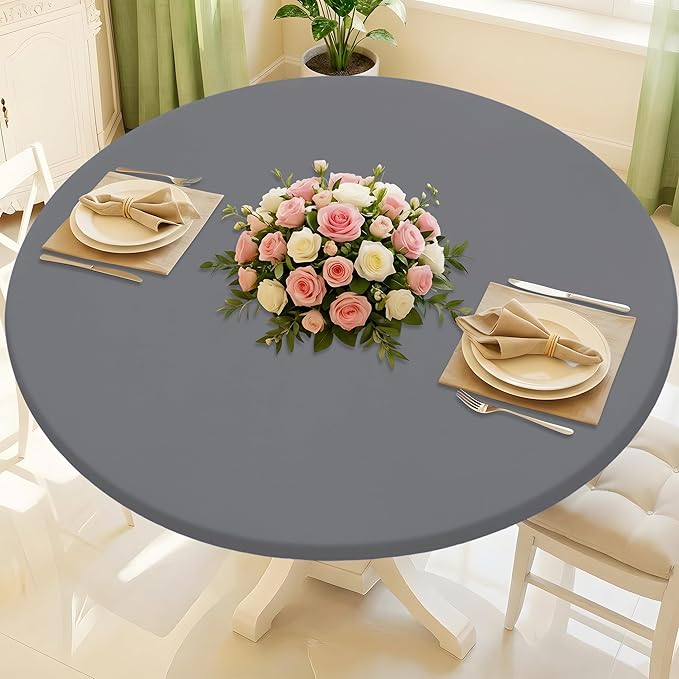 Round Spandex Tablecloth, Elastic Fitted Waterproof Tablecloths for 18"-24" Tables, Stretch Washable Picnic Table Cover for Camping, Dining, Indoor and Outdoor, Grey