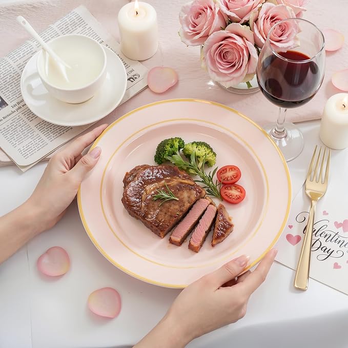 NOCCUR 200PCS Pink Plastic Plates for 100 Guests - Include 100PCS 10" Dinner/ 100PCS 7" Dessert Plastic Plates Heavy Duty - Ideal for Wedding/Party/Valentines & Galentines Day