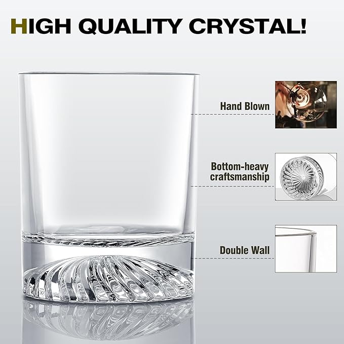 Hand Blown Crystal Whiskey Glass Set - 12oz Cocktail Old F, Great for Cocktails and Bourbon (Set of 3)