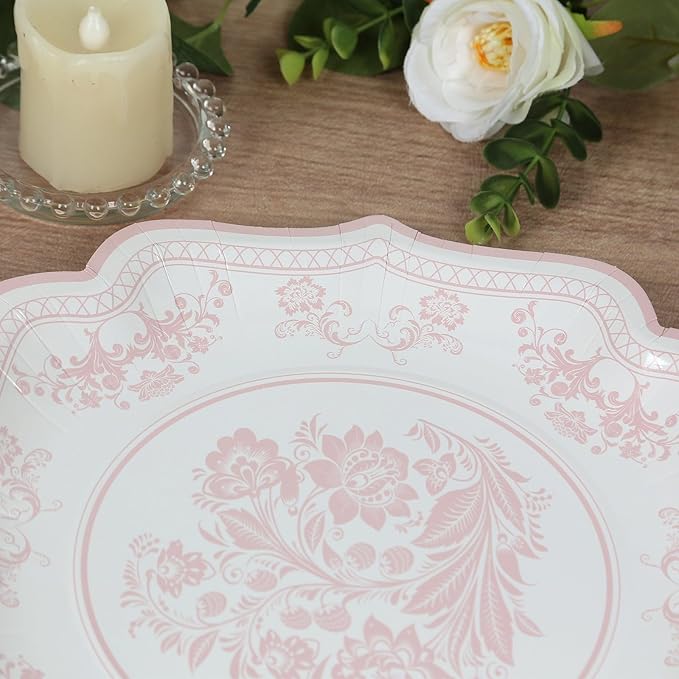 50 Pack 8" White Pink French Toile Dessert Plates, Disposable Round Paper Floral Pattern Appetizer Salad Plates 300 GSM for Party Decoration