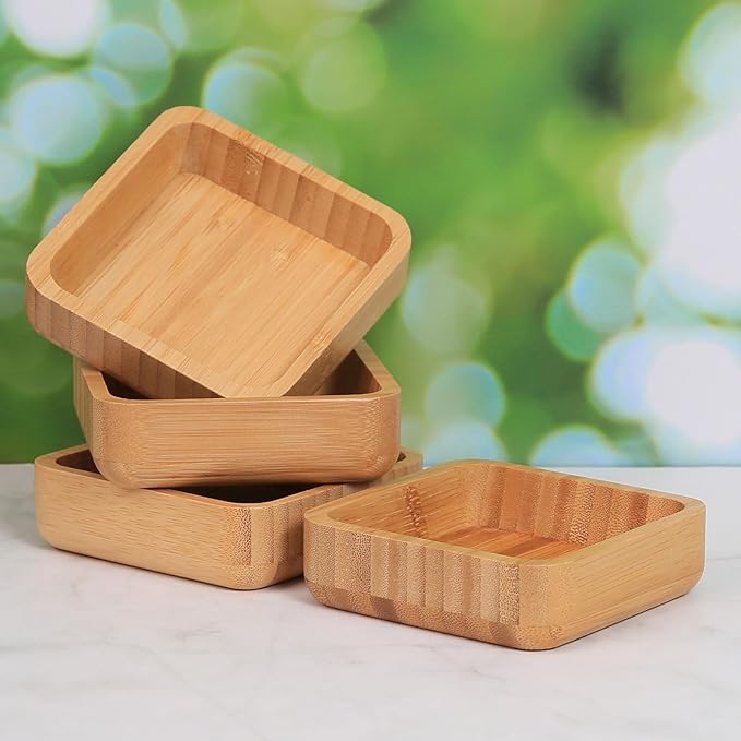 Bamboo Wooden Bowls Set, 4-inch Square Snack Bowls for Appetizers, Dips, Nuts Desserts and More, Small Reusable Wooden Serving Bowl for Dinner Party and Entertaining, Eco Friendly (4 Pcs)