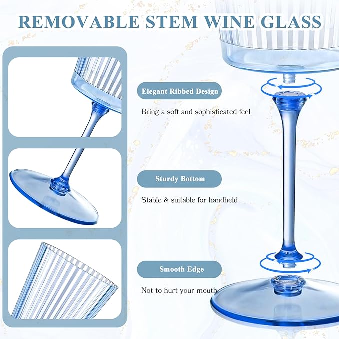 24 PCS Blue Ribbed Plastic Wine Glasses 13.5 OZ Ribbed Wine Glasses Detachable Wine Glass Elegant Fluted Glassware Vintage Style for Wedding Anniversary Birthday Dinner Parties(Blue, 24 Pack)