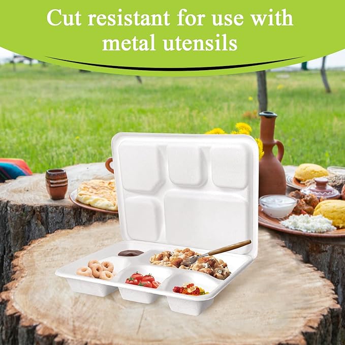 three leaf 5 COMPARTMENT MEAL TRAY WITH LID SET, 125 SETS. Heavy-Duty- Super Strong- Natural- Eco-Friendly Disposable Bagasse Tray with Lid, 100% Biodegradable Plates