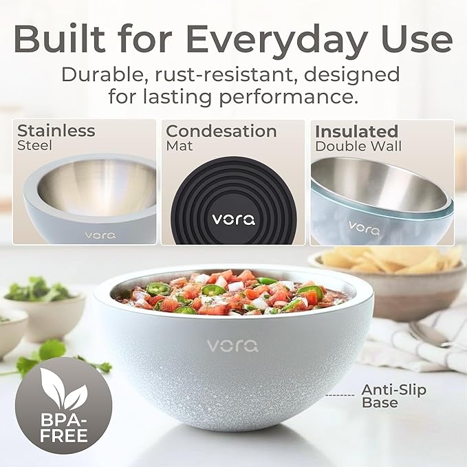 Vora 18oz Dip Chiller Bowl | Iced Grey Stainless Steel Chilled Dip Bowl for Dips, Guacamole, Hummus, Salsa | Insulated Serving Dishes with Easiest Water Fill & Refillable Chamber