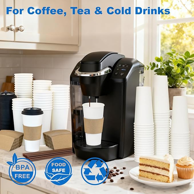 20 oz 100 Pack Coffee Cups with Lids and Sleeves, Straws, Hot Disposable To Go Travel Paper Cups Bulk for Office, Home Coffee Bar Accessories, Chocolate, Cocoa, Beverage (White)