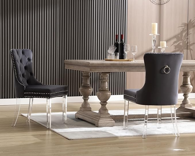 KCC Velvet Dining Chairs Set of 2, Upholstered Tufted Wingback Dining Room Chair with Nailhead Back Ring Pull Trim Solid Acrylic Legs, Contemporary Nikki Collection Style for Kitchen, Grey
