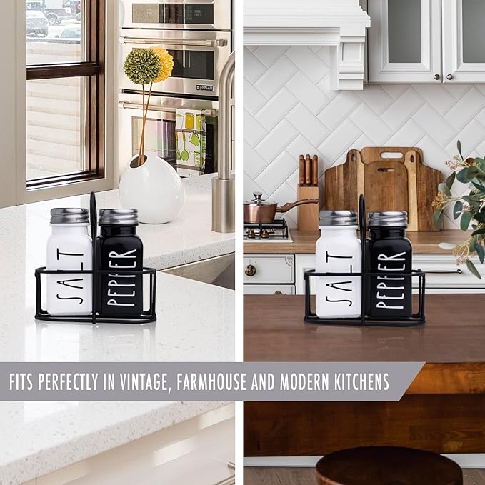 Farmhouse Salt and Pepper Shakers Set, a cute black and white premium glass shakers with stainless steel lids in a black metal holder, perfect for adding a vintage kitchen decor charm, great as a gift