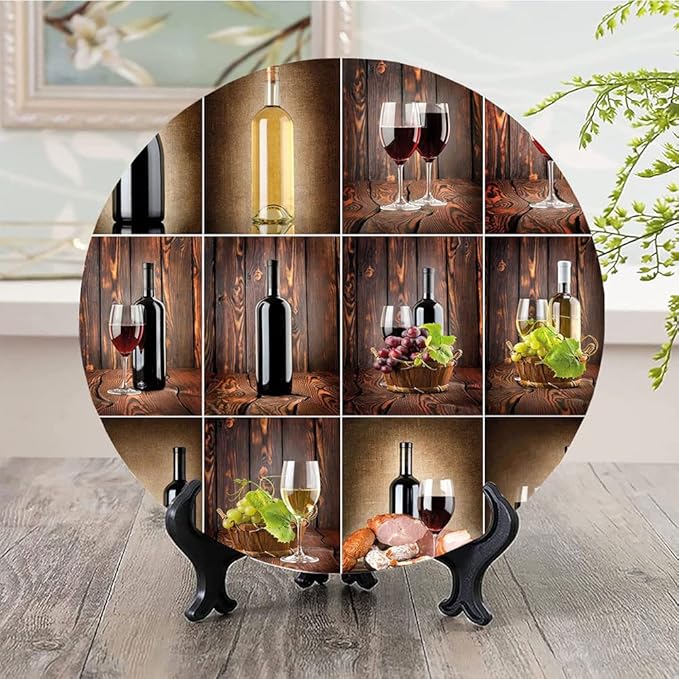 Ceramic Display Plate, Wine Ceramic Hanging Decorative Plate, Wine Themed Collage on Wooden Backdrop with Grapes and, 7 Inch, Household Custom Ceramic Plate, Brown Black Red