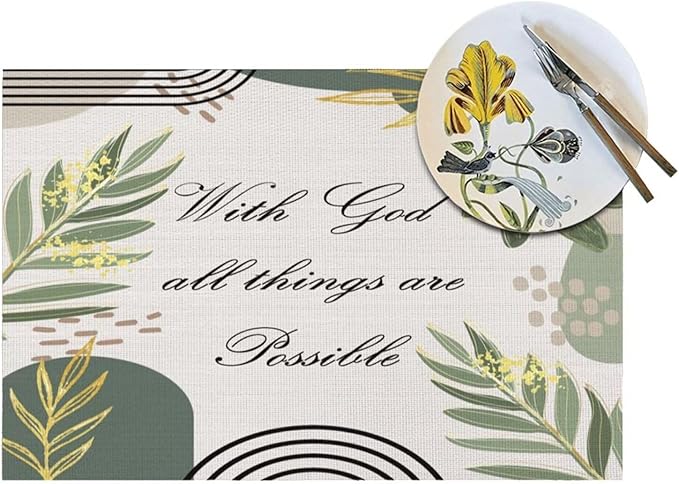 Bible Verse Christain Placemats Sage Green Boho Modern Scripture Inspirational Quotes Motivational Bohemian Washable Place Mats 12x18Inch for Dining Kitchen Farmhouse Decor 4 PCS