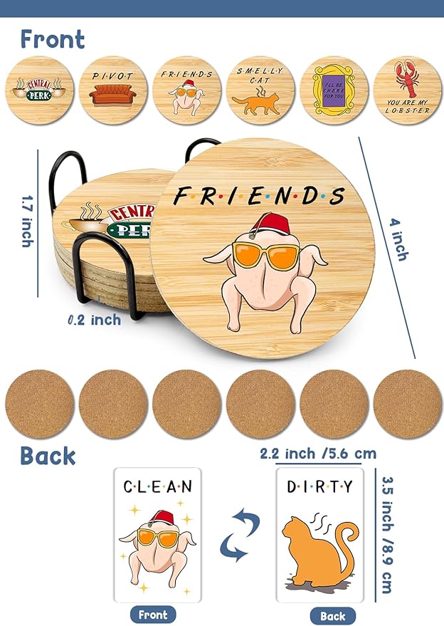 Friends TV Show Merchandise,6 PCS Cork Coasters for Drinks,Funny Coaster Set with Coasters Holder,Friends TV Fans Clean Dirty Dishwasher Magnet,Refrigerator Sign Kitchen Decor Gifts