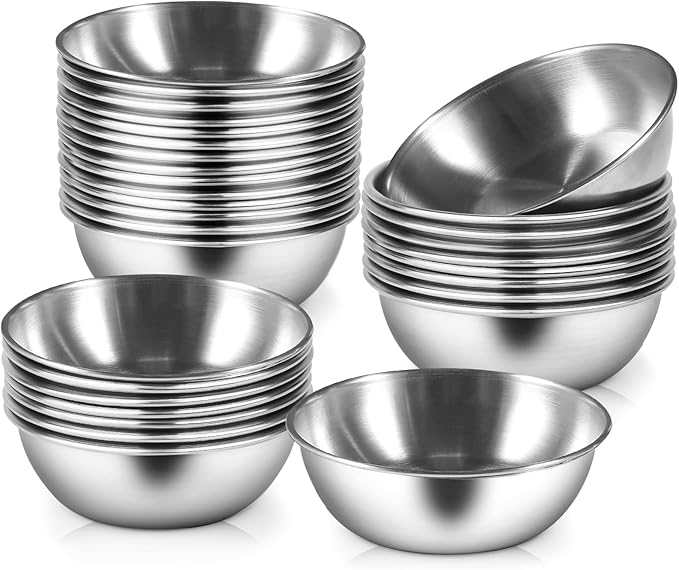 20 Pack 3.2 inch Stainless Steel Sauce Dishes 3.5 oz Mini Individual Saucers Bowl Round Seasoning Dishes Bowl Serving Appetizer Plates for Kitchen Prep Side Dish Soy Sauce Sushi Dip (20)