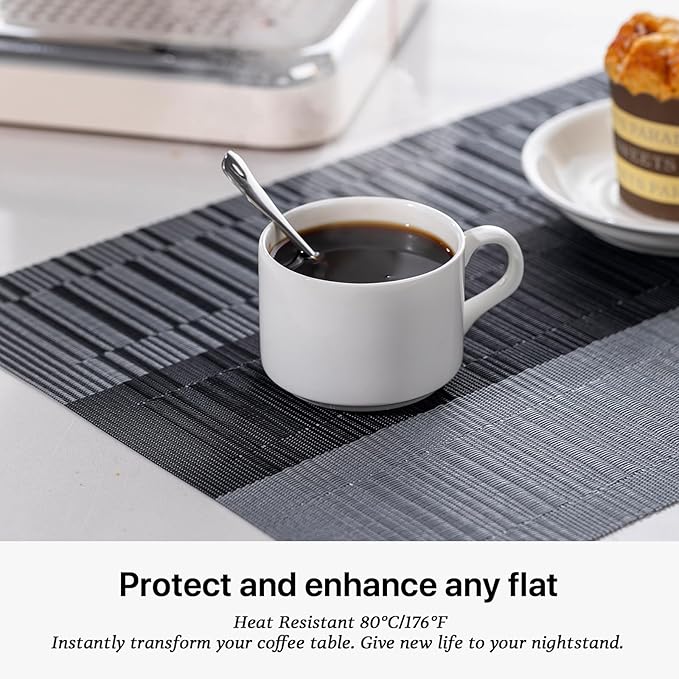 LEXMORE Placemats Set of 8 Vinyl/Plastic Woven Place Mats for Kitchen Table Indoor/Outdoor Washable Placemat Wipeable Dining Table Mats(Silver Gray Black)