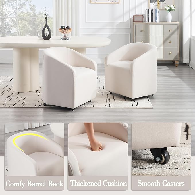 Modern Barrel Dining Chair with Rolling Casters, Upholstered Linen Swivel Dining Room Chair with Wheels for Kitchen Living Room Home Office, Beige