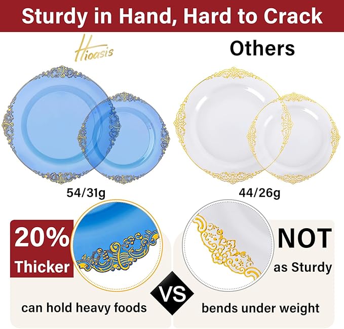 Hioasis 210pcs Blue and Gold Plates - Blue Party Plates for 30 Guest, Include 60 Heavy-duty Plates(20% Thicker Than Standard), 30 Pre Rolled gold Plastic goldware Set, 30 Cups