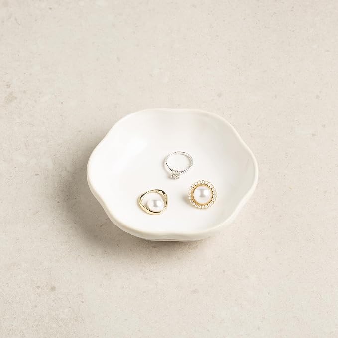Ceramic Jewelry Tray Ring Holder Dish Floral Trinket Bowl for Women Girls Jewelry Organizer for Vanity Dresser Decor Wedding Birthday Gift for Her (white)