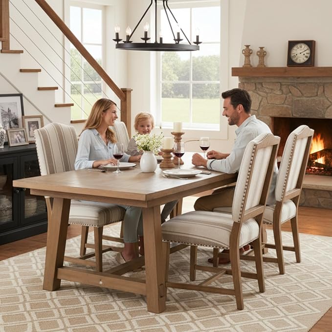 CIMOTA Mid Century Modern Dining Chairs Set of 4, Farmhouse Upholstered Dining Room Chairs Comfortable Kitchen Side Chairs with High Back/Natural Solid Wood Frame, Linen Brown/Beige Stripe