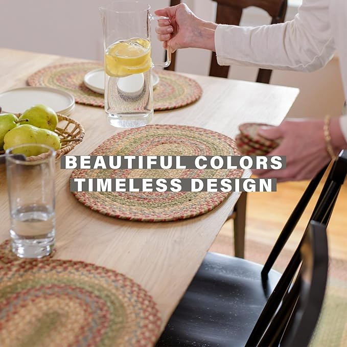 Homespice Azalea Jute Braided Placemats, Warm Country Primitive Decor, Set of 4, Multicolor 13x19 Oval Table Mats - Vibrant Colors, Durable, Easy to Clean and Protects Furniture