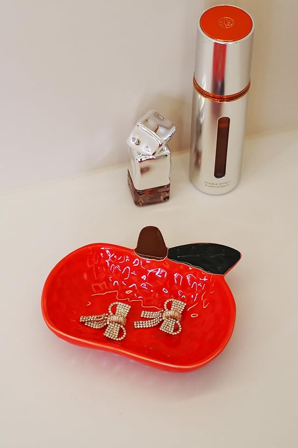 Ceramic Jewelry Tray, Apple Shaped Trinket Dish, Jewelry Organizer, Ring Holder, Decorative Bowl for Rings Earrings Necklaces Bracelet Jewelry Watch Keys, Gift for Sisters Daughter (Apple)