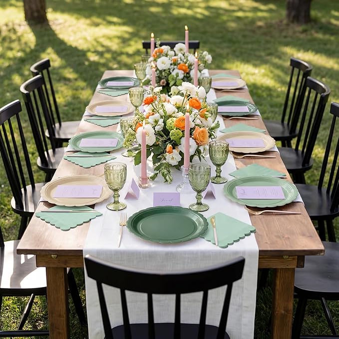 200pcs Sage Green Plates and Napkins Tableware Set Serve 50 Guests Includes Scalloped 9" 7" Paper Dessert Dinner Plate Green Series Napkins for Spring Birthday Wedding Baby Shower Tea Party