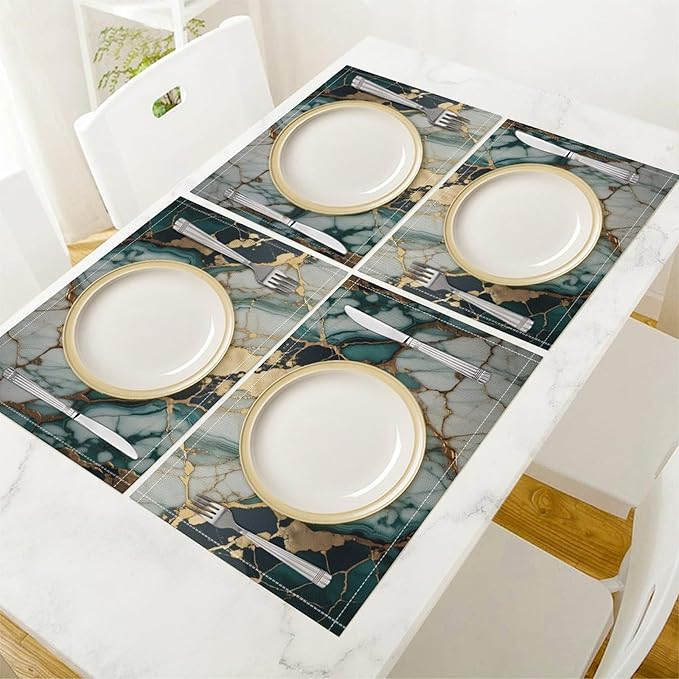 Marble Linen Placemats Set of 2, Modern Abstract Foil Texture White Green Gold Marble Washable Place Mats, Non Slip Placemat for Home Party Dining Tables Wedding Kitchen Banquets Decor 12x17 Inch
