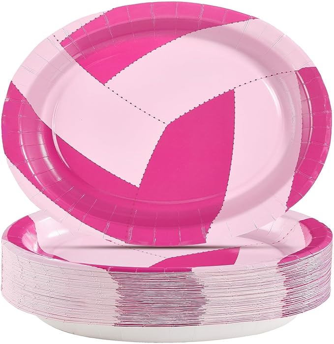 Grencian 50Pcs Pink Volleyball Party Supplies 10" x 12" Volleyball Oval Paper Plates Sport Birthday Party Disposable for Girls Ball Games Birthday Baby Shower Decorations