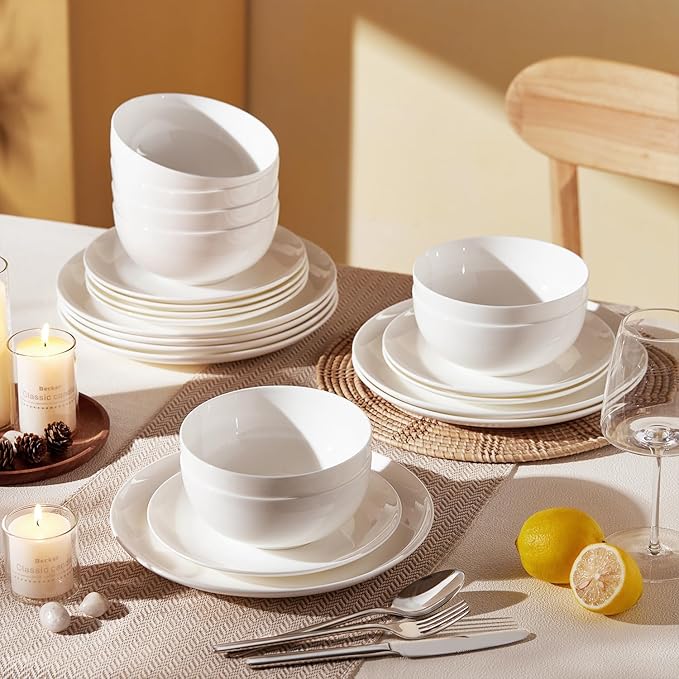 KINGSTONE Bone China Dinnerware Sets, 24-Piece Dinnerware Set for 8, Lightweight Durable, Microwave and Dishwasher Safe, Tableware for Daily Use with Elegant Design, White
