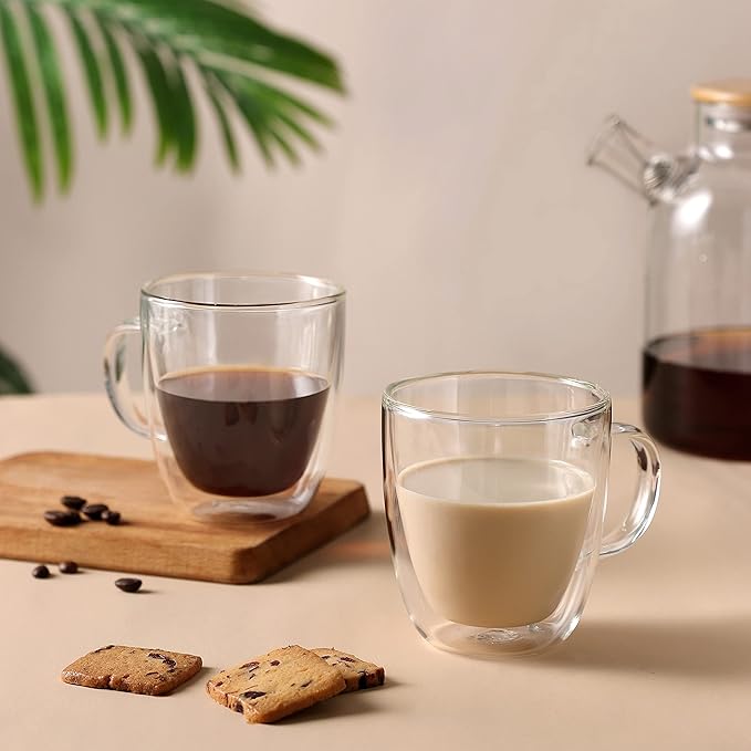 CNGLASS Insulated Espresso Glass Mugs 5.4oz/160ml, Small Clear Coffee Mugs Set of 2, Double Wall Glass Cups with Handle for Tea and Macchiato