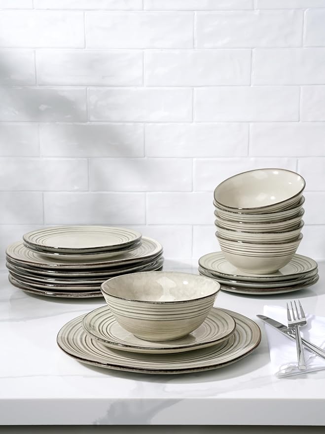Famiware Plates and Bowls Sets 18-Piece Stoneware Dinnerware Sets, Dishes Set for 6, Hand-made Reactive Glaze Dish Set, Twilight Series, Terre-verte