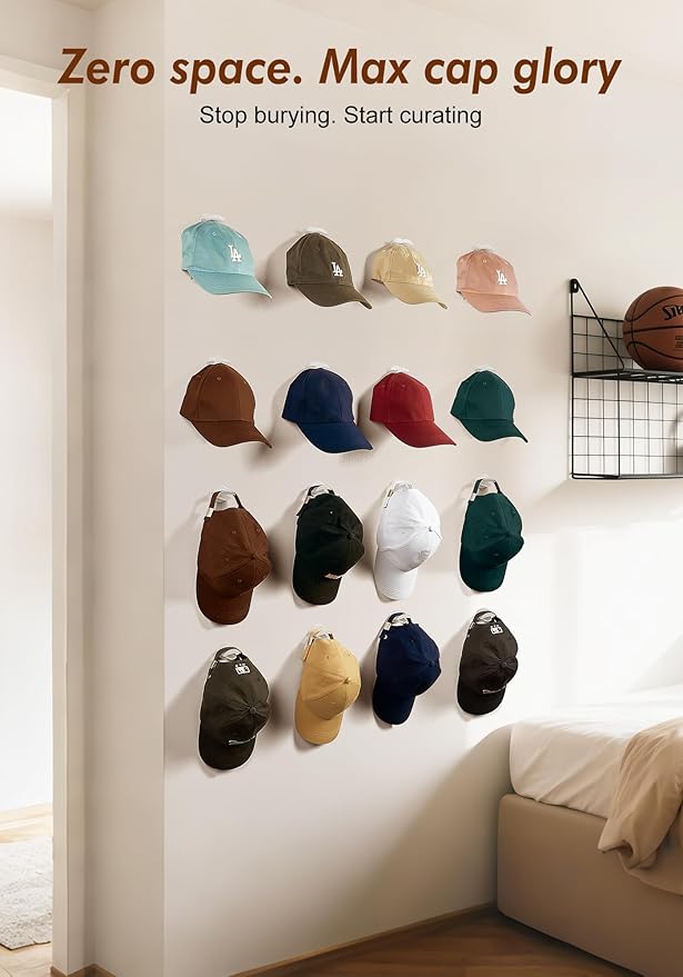 HOUSE DAY Adhesive Hat Hooks for Wall 16 Pack, Strong Hat Rack for Baseball Cap Display Organizer, Hats Hangers Holder for Wall, Door, Closet, No Drilling, Translucent