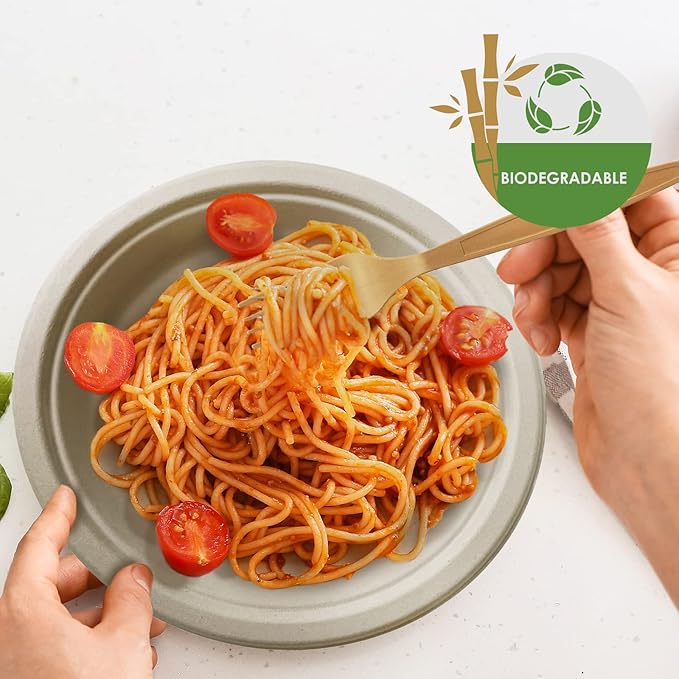 PAMI 250-Piece Compostable Degradable Tableware Eco Set Disposable Sugarcane Plates, Cutlery & Cups Heavy-Duty Eco Dinnerware