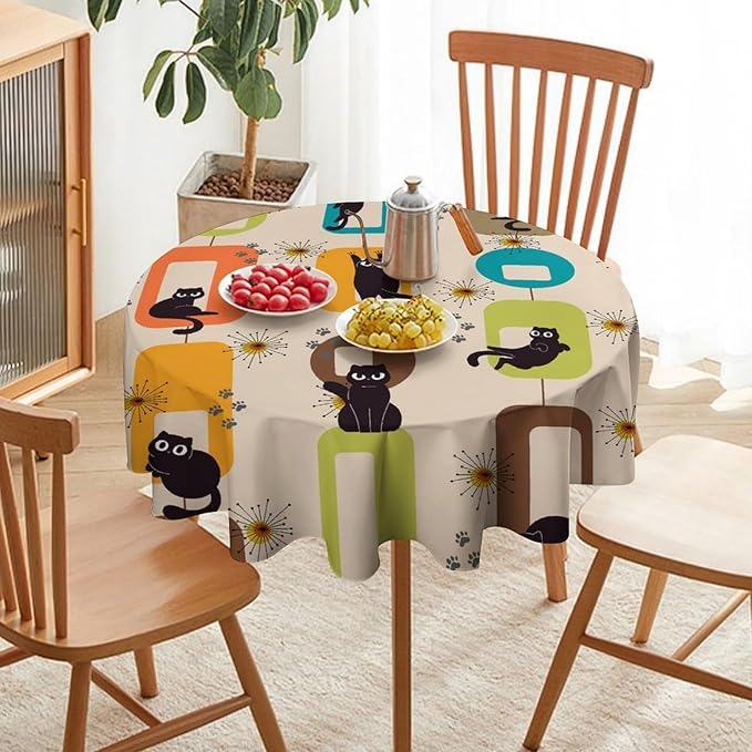 Bohemian Black Cat Round Tablecloth, Rustic Vintage Mid Century Geometric Tablecloth for Home Party Dining Room Kitchen Decor 50Inch(127cm)