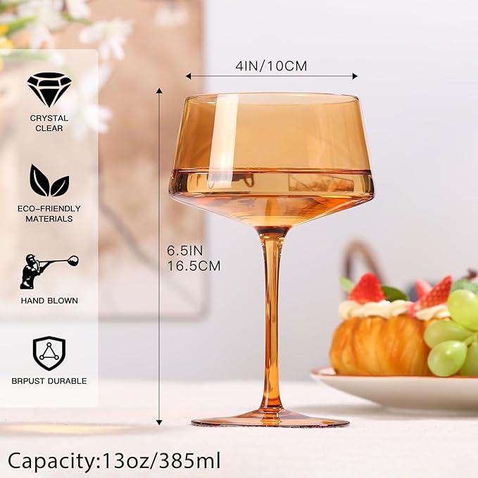 Hand Blown Colored Coupe Glasses Set of 6-13oz large Crystal Martini, Cocktail & Champagne Glasses -Cute & Colorful Cocktail Glassware-Perfect for Bar, Cocktails, Martinis-Wedding Gifts