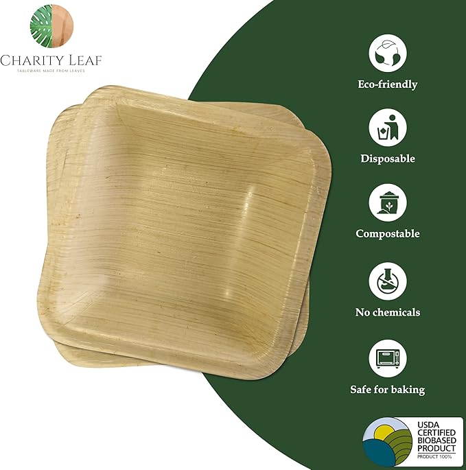 Charity Leaf Disposable Palm Leaf 3.5" Square Mini Bowl (25 pcs) Dipping Bowls | Bamboo Like| All Natural and Biodegradable | Charcuterie Boards, BBQs, and Parties