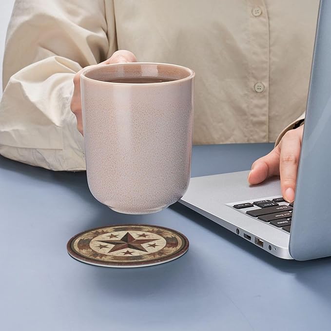 Western Cowboy Coasters for Drinks with Holder Round Leather Coasters Set of 6 Cups Mugs Mat Pad for Home Kitchen Bar