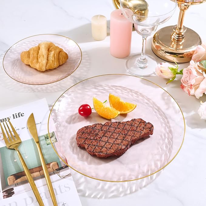 FOCUSLINE 60Pcs Clear Plastic Plates, Pink Disposable Plates with Gold Rim, 30 7" Salad Dessert Plate and 30 10" Dinner Plate Heavy-duty Hammered Plates for Party, Wedding