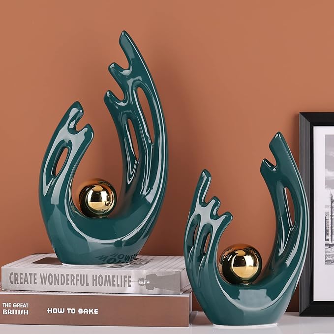 LCCCK 9.5" H Teal Gold Aesthetic Room Decor Accent, TV Stand Funky Table Centerpiece, Abstract Art Ceramic Statue and Sculpture, Teal Decor for Living Room, Bookshelf Decorative Objects, Shelf Decor