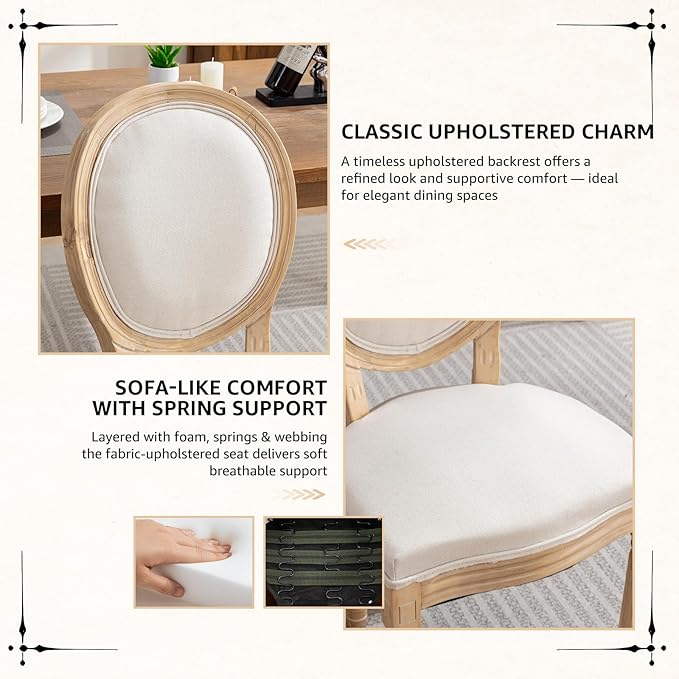 Vintage French Dining Chairs Set of 2, Round Back Accent Chairs with Linen Seat and Solid Wood Frame, Farmhouse Sillas de Comedor Upholstered for Dining Room & Kitchen, Beige