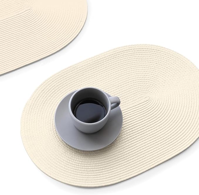 FunWheat Oval Braided Placemats Set of 8 Table Mats for Dining Tables Washable Heat Resistant Place Mats for Indoor Outdoor Use 12 x18 Inch(Oval Beige, 8pcs)