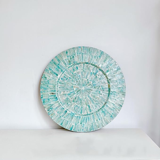 i-lan 2-Pack 13" Mother of Pearl Charger Plates – Hand-Inlaid Sea Shell & Wood in Teal Green – Elegant Gift for Housewarming, Wedding or Hostess | For Dining, Parties & Rustic-Modern Decor