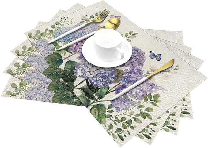 Spring Placemats 12x18 Inches Set of 4,Blue Violet Hydrangea Floral Decorative Rectangle Summer Seasonal Flower Decoration Table Mats for Party, Home Kitchen,Dining Table Decor