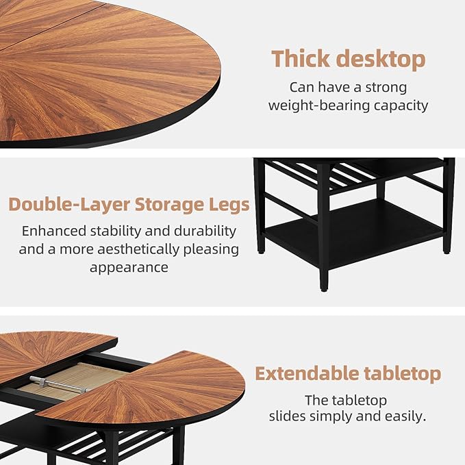 VFK 47.2"-63" Extendable Round Dining Table Set for 4–6, Solid Wood & Metal Table with Wine Rack Storage Shelf, Walnut Kitchen & Dining Room Furniture (1 Storage Table)