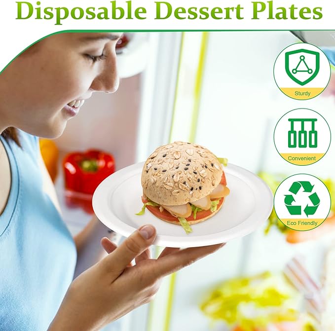 Eco-Friendly Compostable Dessert Plates 6-Inch, White - 50 Count