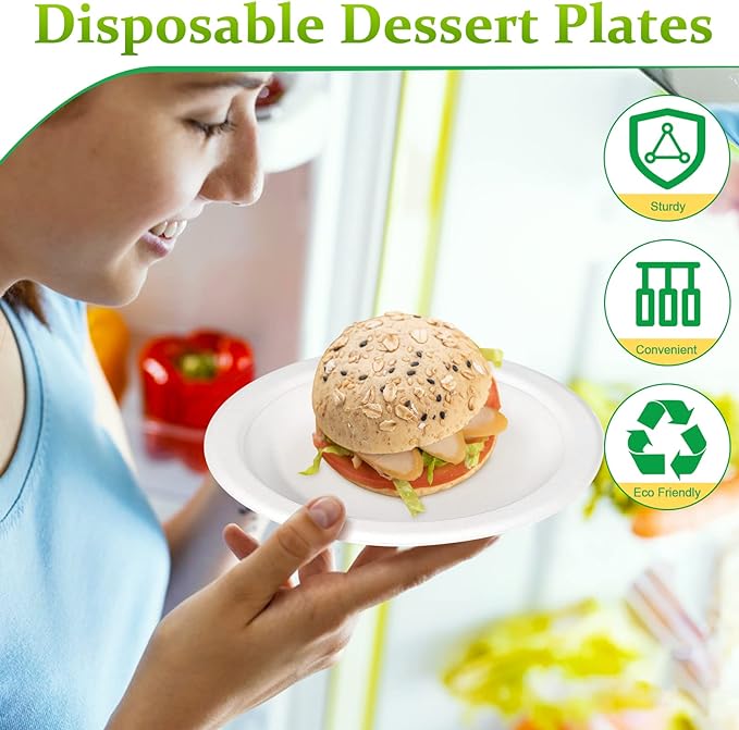 6 inch Paper Plates - 100 Pack, Compostable, Small White Plates for Dessert, Cake, Appetizer