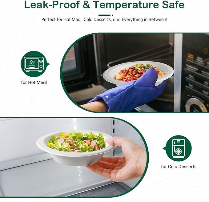 𝟭𝟮 𝗼𝘇, 𝟭𝟮𝟴-𝗣𝗮𝗰𝗸 Compostable Paper Bowls, Heavy-Duty Biodegradable Disposable Bowls Made from Bagasse, Eco-Friendly, Microwave & Freezer Safe (White)