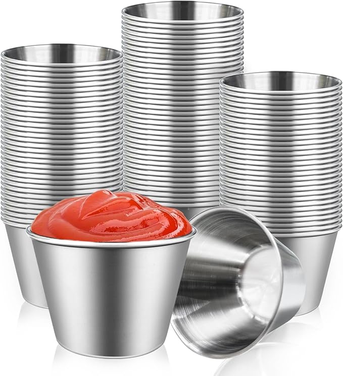 100 Pcs 2.5oz Metal Ramekins Stainless Steel Reusable Sauce Dipping Bowls Bulk Small Sauce Container Round Condiment Cups for Dish Butter Ketchup Kitchen Restaurant Serving BBQ Party Dinner