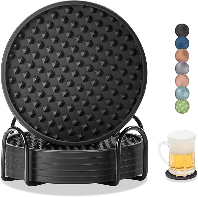 Coasters for Drinks, Silicone Coasters Set of 6 with Metal Holder, Outdoor Coaster for Coffee Table, Non-Slip Rubber Table Cup Mat Desk, Heat Resistant & Scratch-Proof (Black)