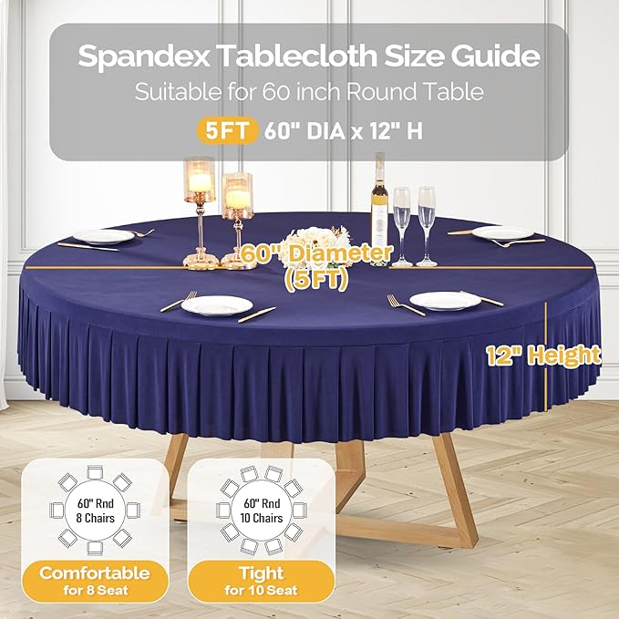 8 Pack Navy Blue Spandex Round Tablecloths for 60 Inch Tables, Stretchy Fitted 5FT Cloths, Wrinkle-Free Cover With Skirt for Wedding, Party, Dining, Banquet