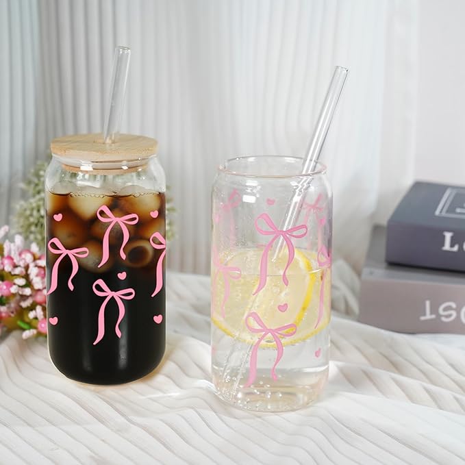 Mason Life Coquette Pink Bow Cute Glass Cups with Lids 2Pack 18OZ Cute Tumbler Glass Cup with Keychains and Straw Covers for Valentines Day Gift Iced Coffee Smoothie Cocktail Matcha Milk Mother's Gift