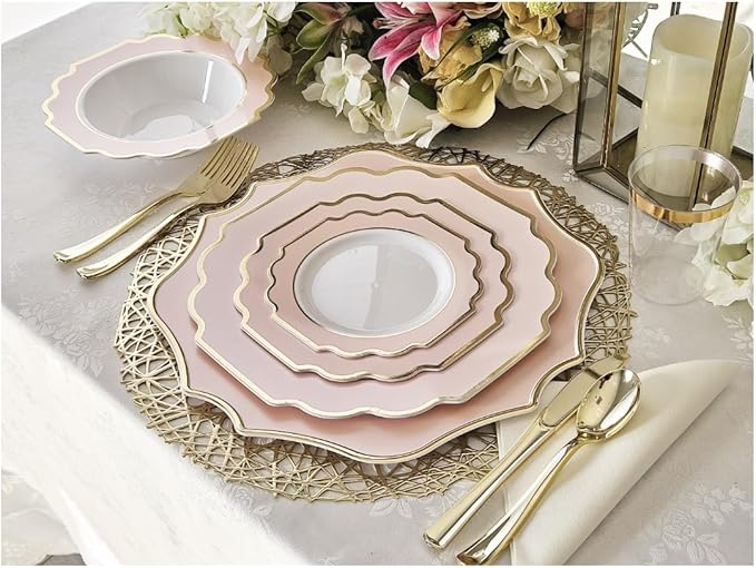 " OCCASIONS " 80 Plates Pack,(40 Guests) Heavyweight Premium Wedding Party Disposable Plastic Plates Set -40 x 10.5'' Dinner + 40 x 8'' Salad/Dessert(Imperial in Blush & Gold)