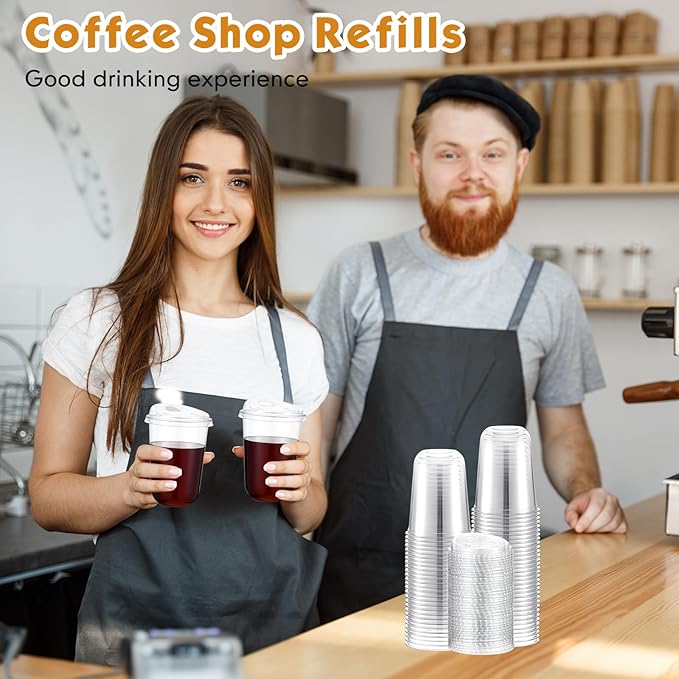 Baderke 50 Pcs Plastic Cups with Sip Lids Round Bottom Disposable Plastic Coffee Cups with Lids Clear Strawless Crystal Mugs for Iced Coffee Smoothie Cold Beverage Party Catering Supplies (16 oz)